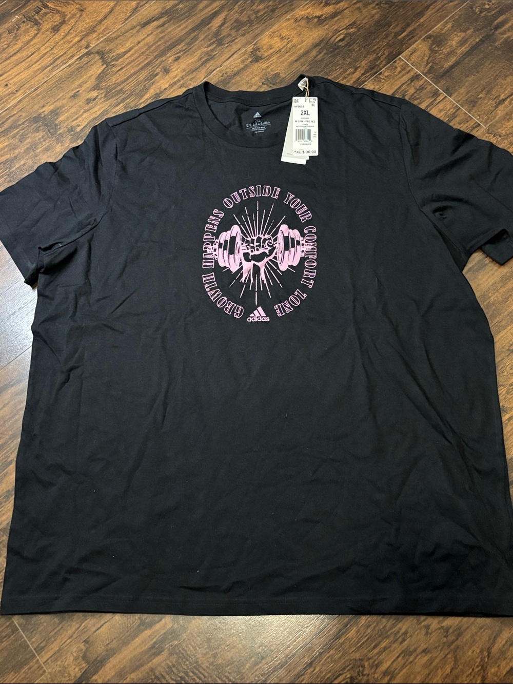 adidas Black Short-Sleeve Tee with Pink Barbell Graphic